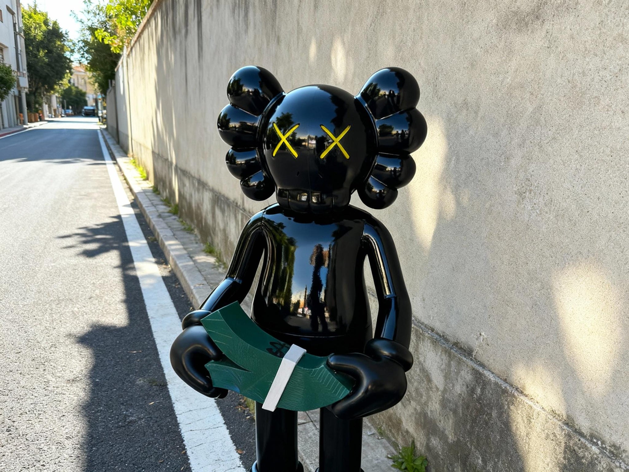 Money Counting LIFE SIZE Caws Style Statue 6 Ft Tall Black Pop Art Companion Figure for Modern Home or Office Display